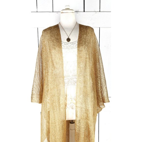 Gold metallic mesh kimono cover up fringe jacket - Picture 6 of 6